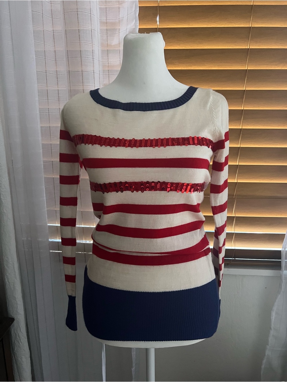 Striped Red & Cream Sequin Accent Sweater with Navy Trim